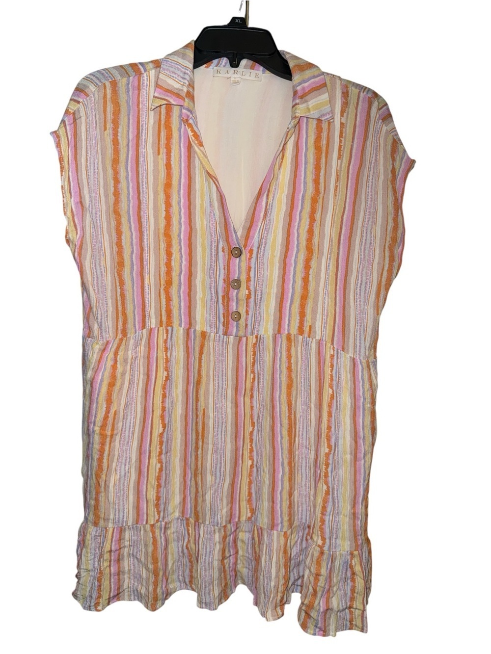 Karlie Pastel Stripe Tiered Shift Dress Boho Resort Midi Dress Size Small - Picture 2 of 7